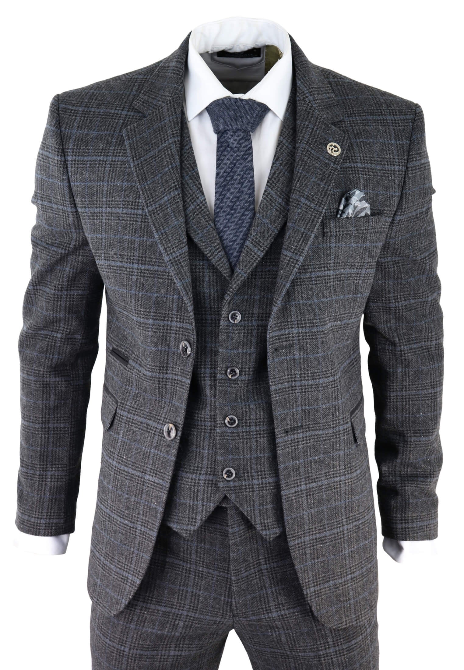 Traje de tres piezas para hombre con estampado de cuadros escoceses grises