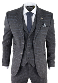 Traje de tres piezas para hombre con estampado de cuadros escoceses grises