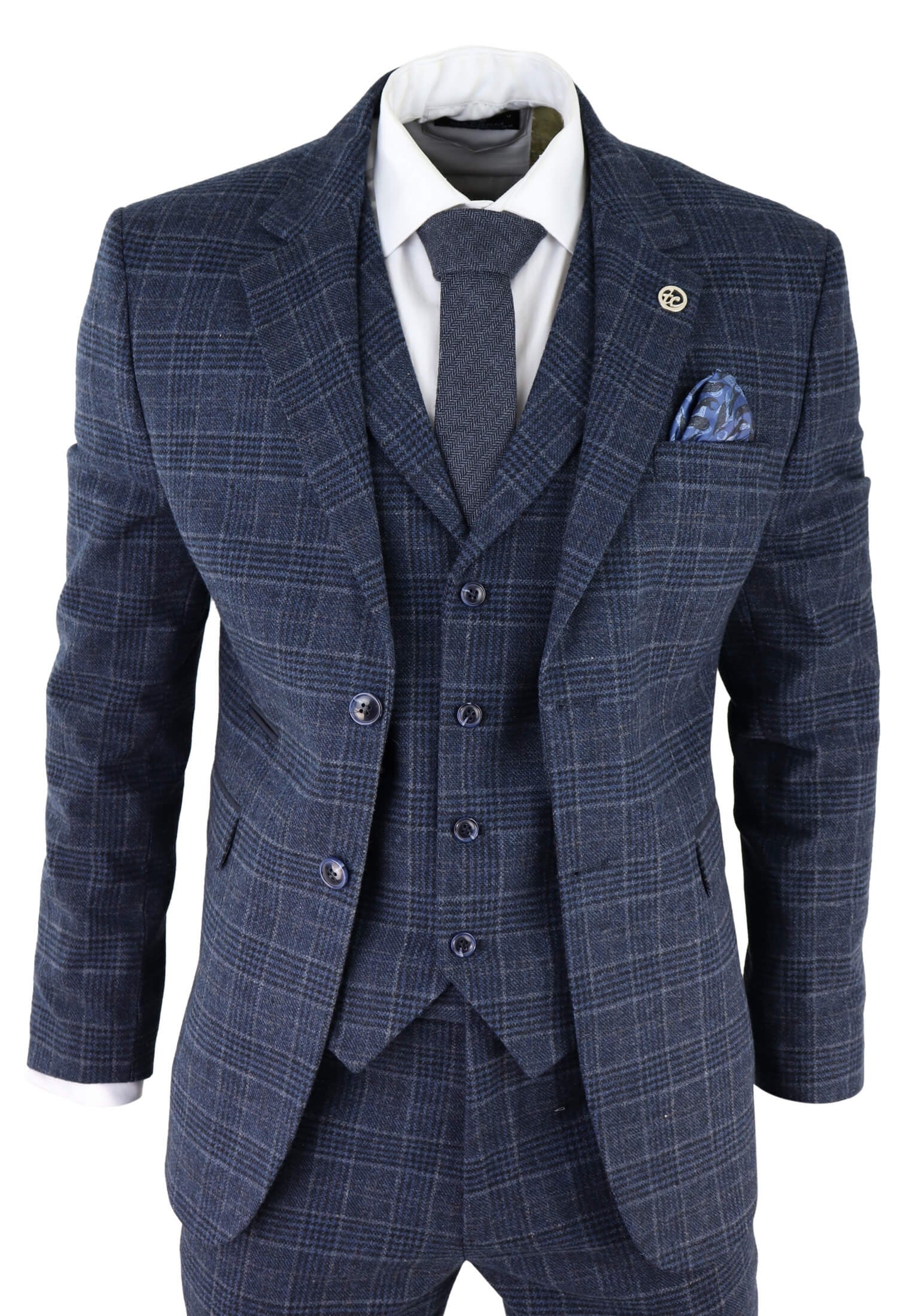 Traje de tres piezas para hombre con estampado de cuadros escoceses azules.