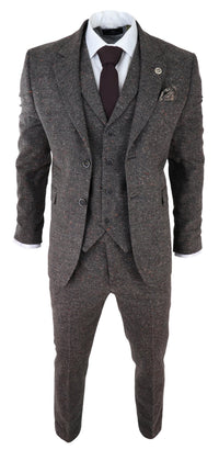 Traje de tres piezas de tweed marrón para hombre