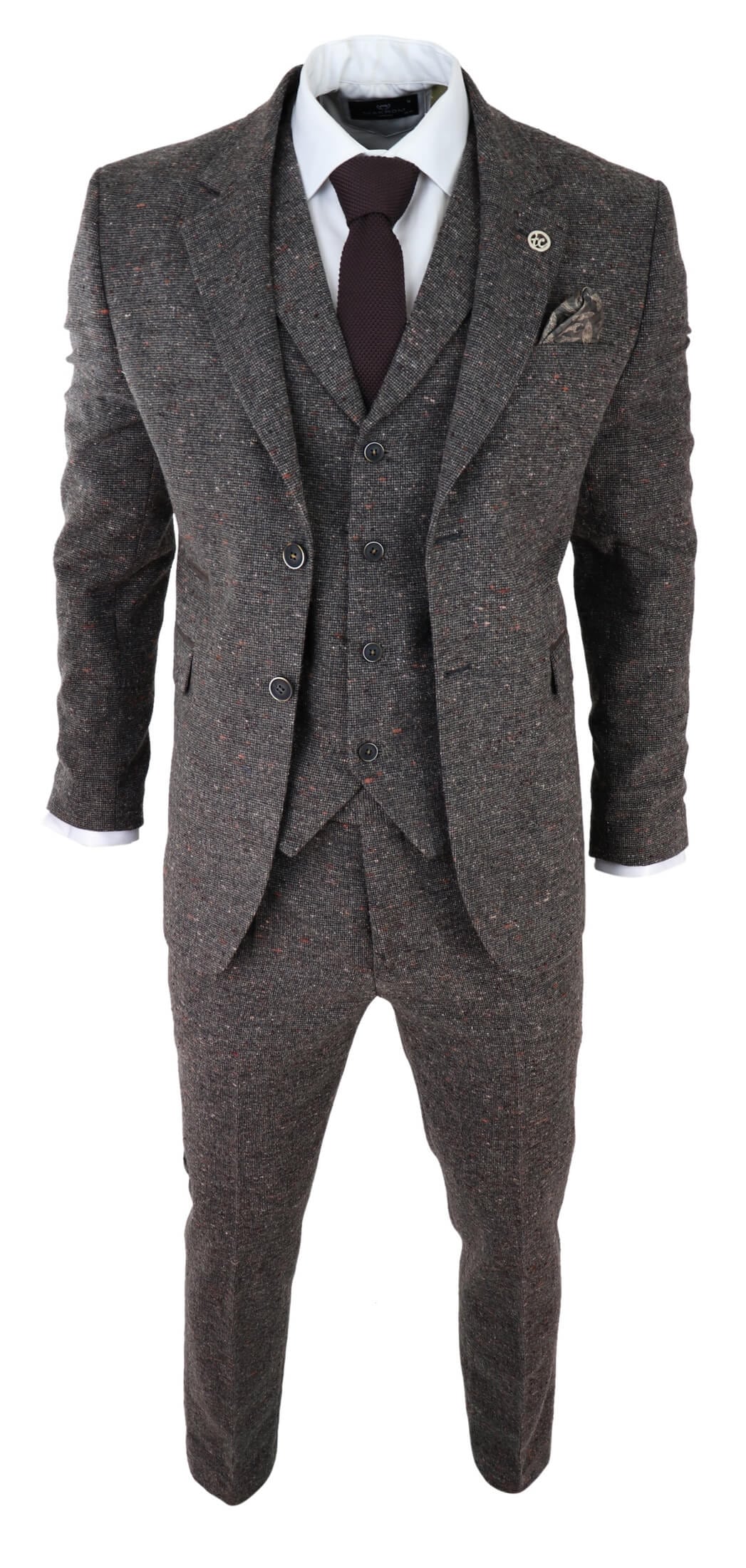 Traje de tres piezas de tweed marrón para hombre