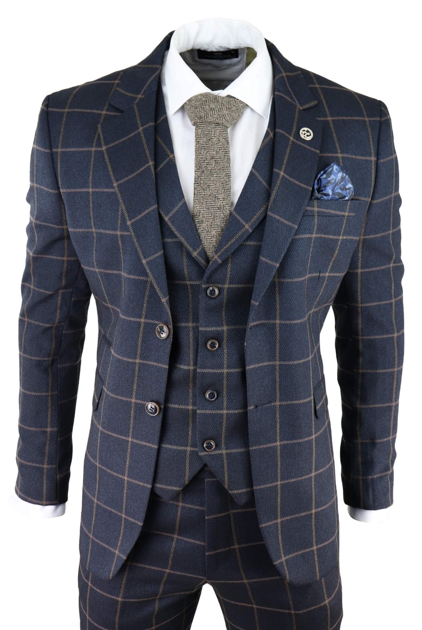 Traje de tres piezas para hombre, color azul marino con estampado de cuadros.