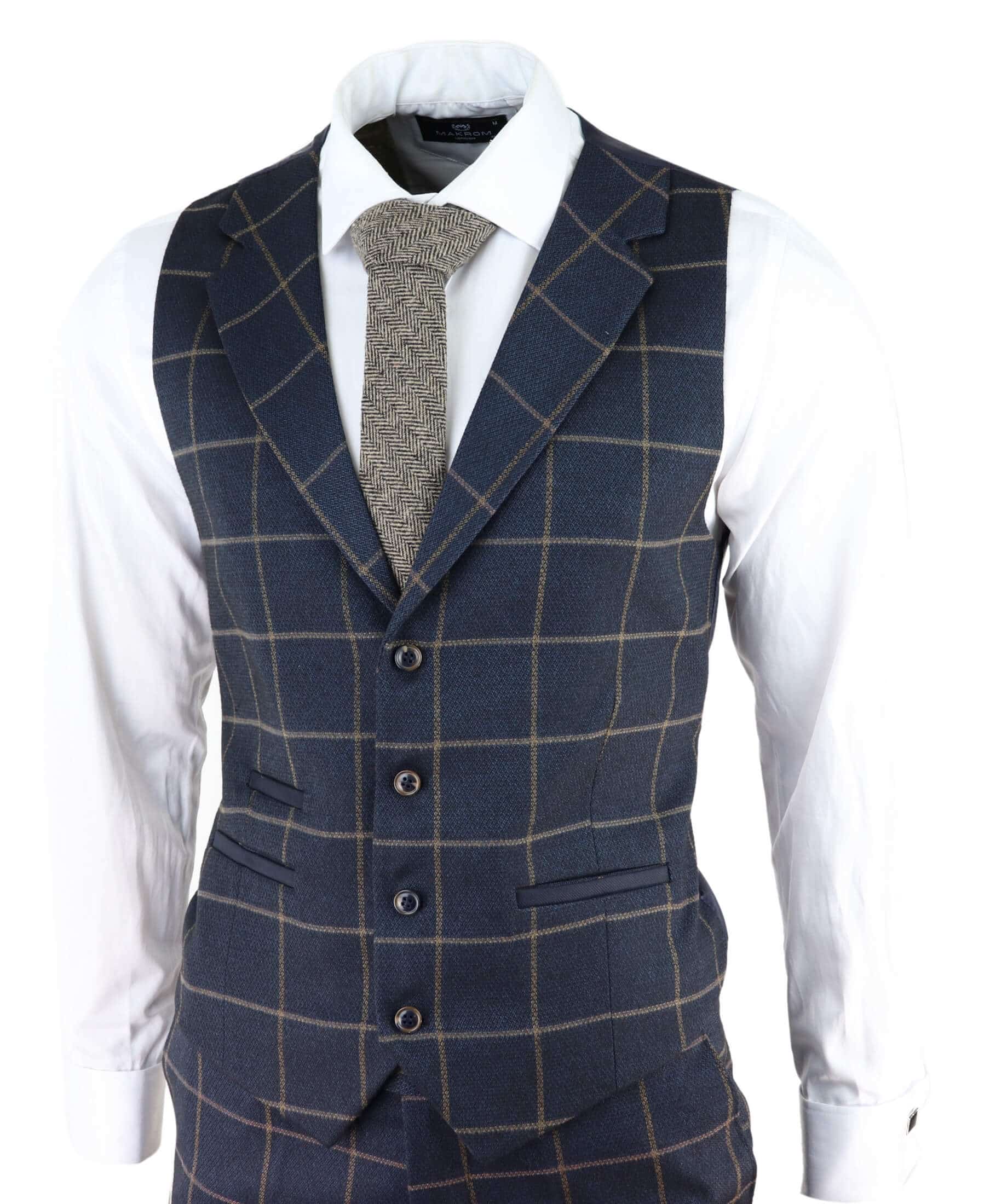 Traje de tres piezas para hombre, color azul marino con estampado de cuadros.