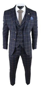 Traje de tres piezas para hombre, color azul marino con estampado de cuadros.
