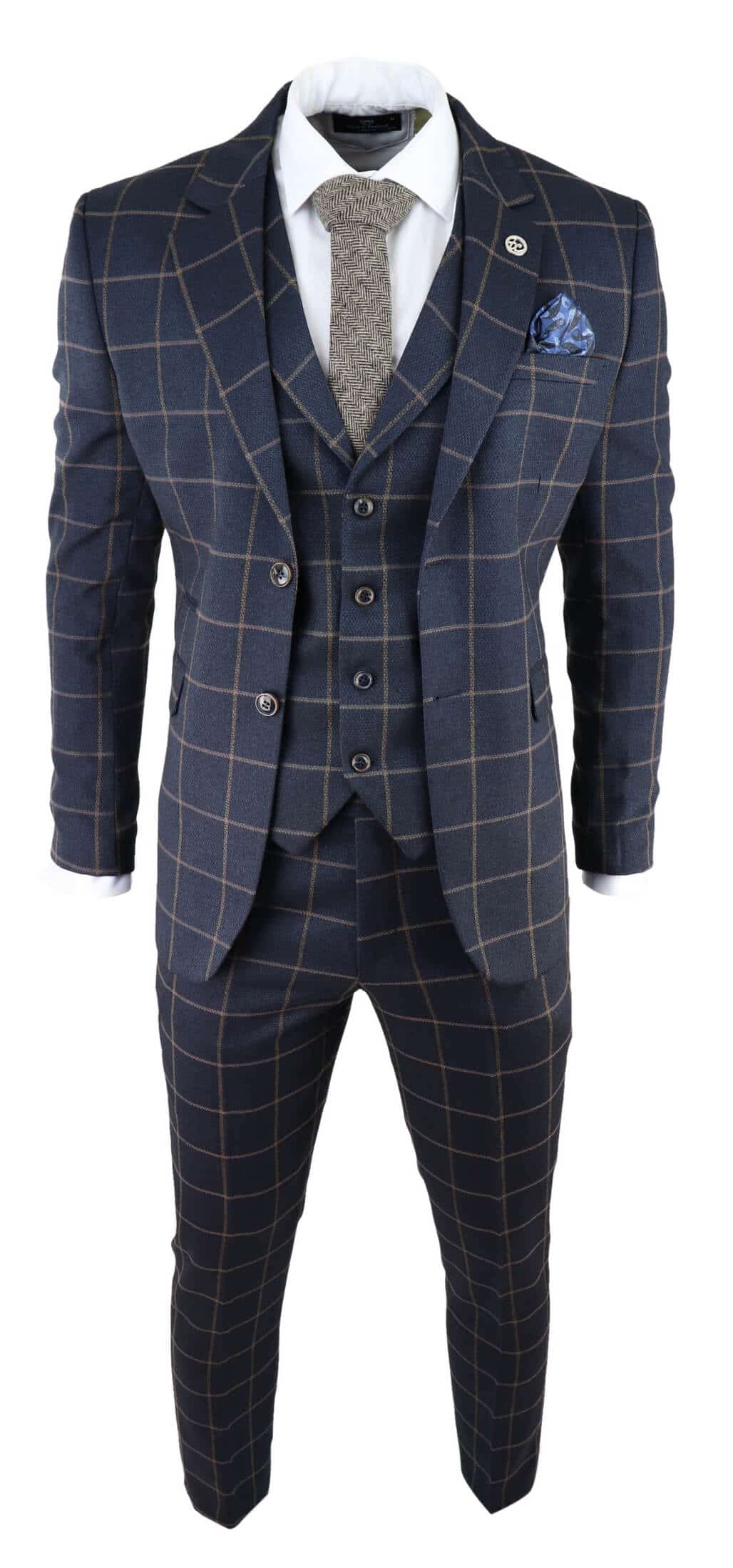 Traje de tres piezas para hombre, color azul marino con estampado de cuadros.