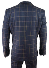 Traje de tres piezas para hombre, color azul marino con estampado de cuadros.