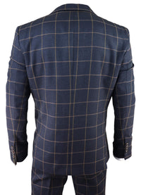 Traje de tres piezas para hombre, color azul marino con estampado de cuadros.