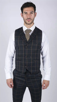 Chaleco clásico para hombre, estampado Príncipe de Gales, azul marino, corte ajustado, estilo vintage, ideal para bodas.