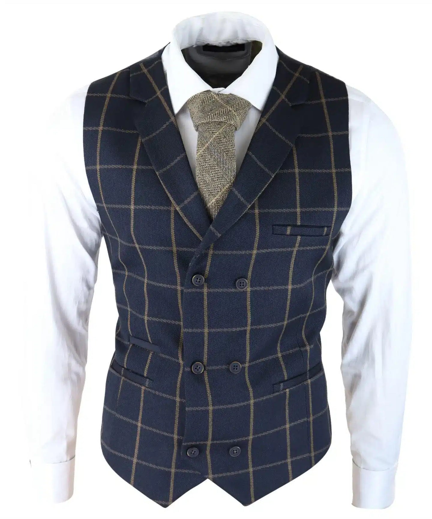 Chaleco clásico para hombre, estampado Príncipe de Gales, azul marino, corte ajustado, estilo vintage, ideal para bodas.