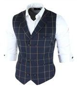 Chaleco clásico para hombre, estampado Príncipe de Gales, azul marino, corte ajustado, estilo vintage, ideal para bodas.