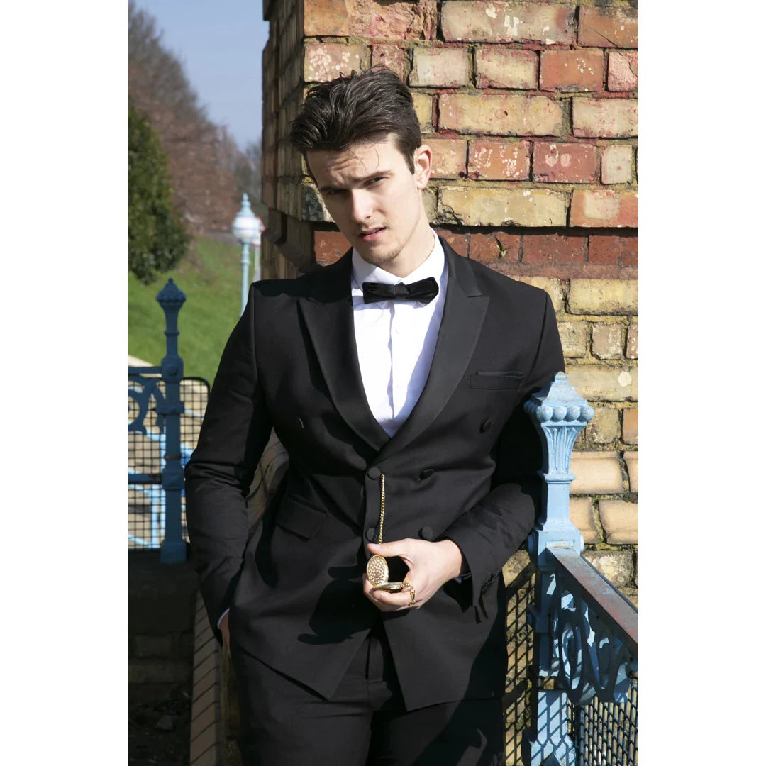 AK-22 - Traje de esmoquin negro cruzado para hombre, ideal para cenas y bodas.