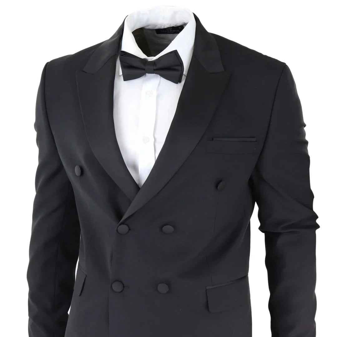 AK-22 - Traje de esmoquin negro cruzado para hombre, ideal para cenas y bodas.
