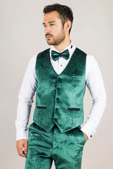 Traje de boda de terciopelo de 3 piezas para hombre AK-25, color verde esmeralda, con solapas negras.