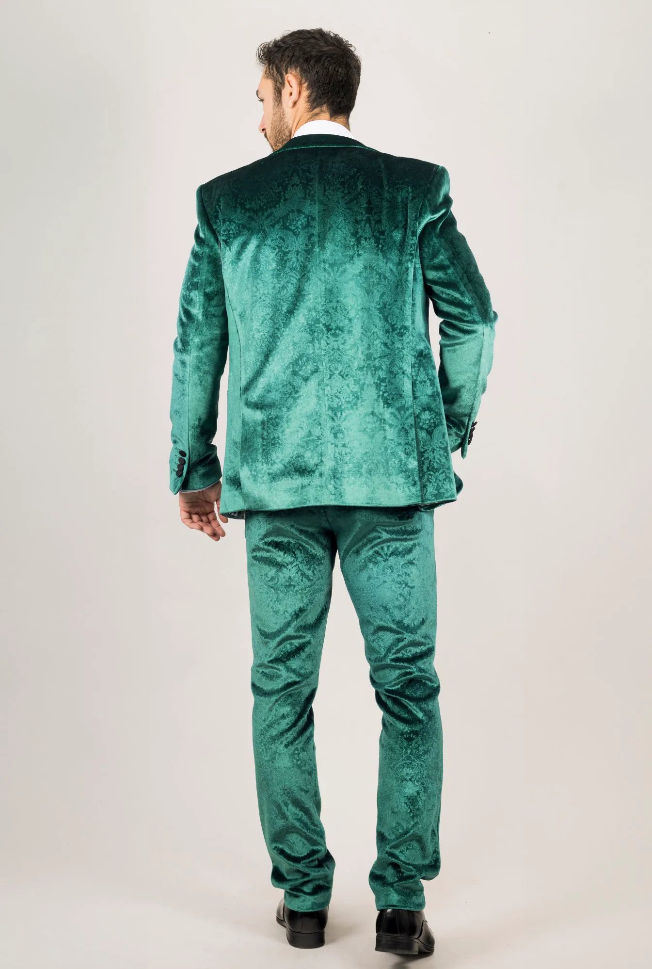 Traje de boda de terciopelo de 3 piezas para hombre AK-25, color verde esmeralda, con solapas negras.