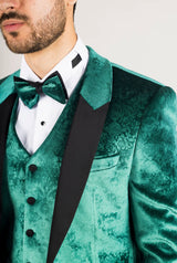 Traje de boda de terciopelo de 3 piezas para hombre AK-25, color verde esmeralda, con solapas negras.