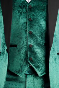 Traje de boda de terciopelo de 3 piezas para hombre AK-25, color verde esmeralda, con solapas negras.