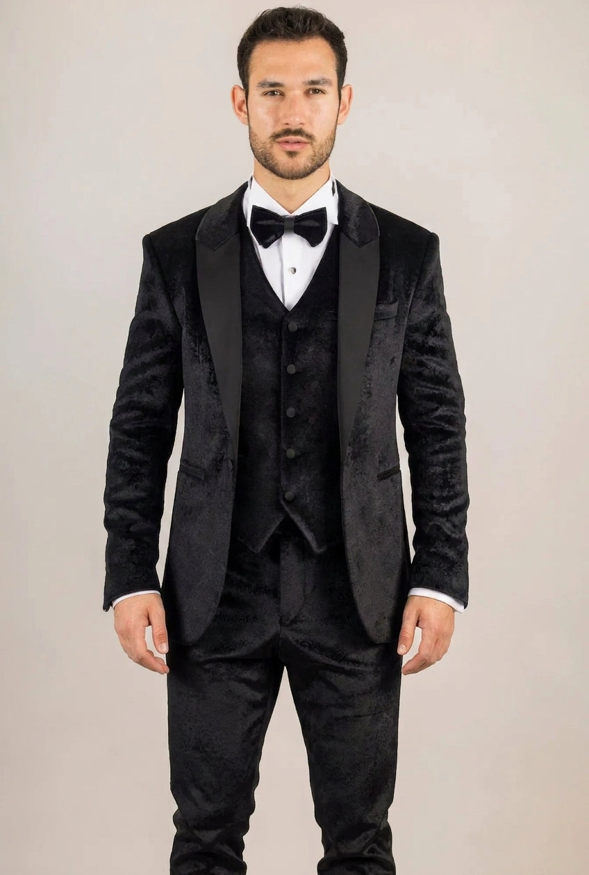 Traje de boda de tres piezas para hombre AK-26, de terciopelo negro con solapas de satén.