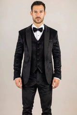 Traje de boda de tres piezas para hombre AK-26, de terciopelo negro con solapas de satén.