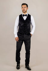 Traje de boda de tres piezas para hombre AK-26, de terciopelo negro con solapas de satén.