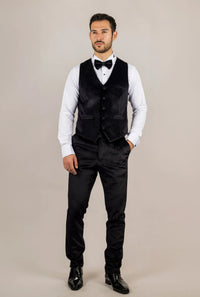 Traje de boda de tres piezas para hombre AK-26, de terciopelo negro con solapas de satén.