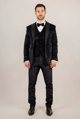Traje de boda de tres piezas para hombre AK-26, de terciopelo negro con solapas de satén.