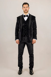 Traje de boda de tres piezas para hombre AK-26, de terciopelo negro con solapas de satén.