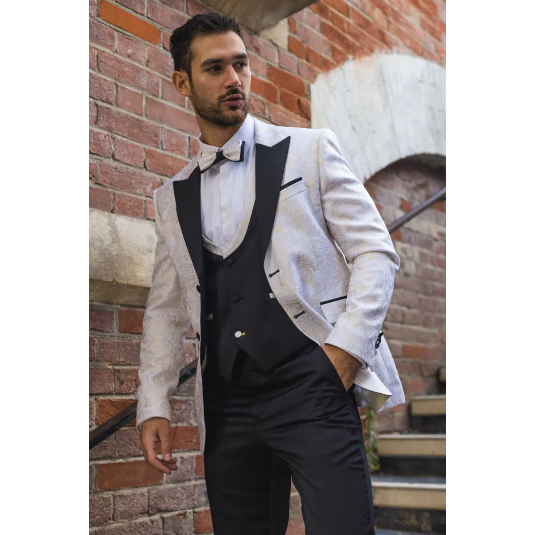 AK-29 - Traje de boda de hombre de 3 piezas blanco con estampado paisley