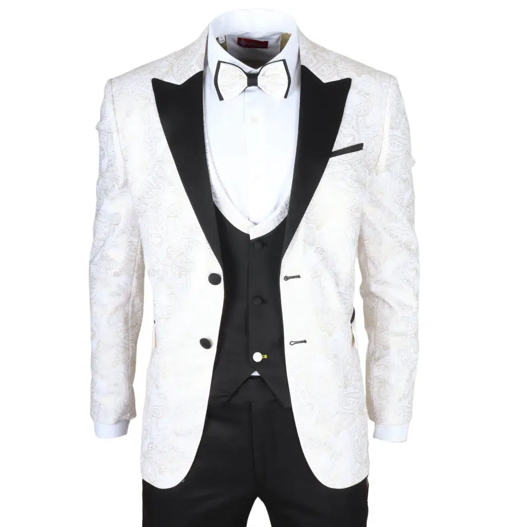 AK-29 - Traje de boda de hombre de 3 piezas blanco con estampado paisley