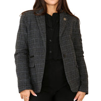 Traje gris de blazer a cuadros de tweed para mujer