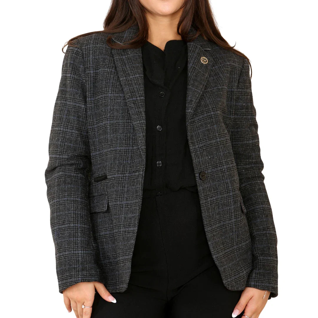 Traje gris de blazer a cuadros de tweed para mujer