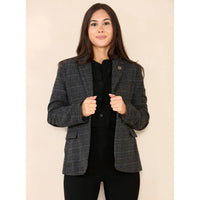 Traje gris de blazer a cuadros de tweed para mujer