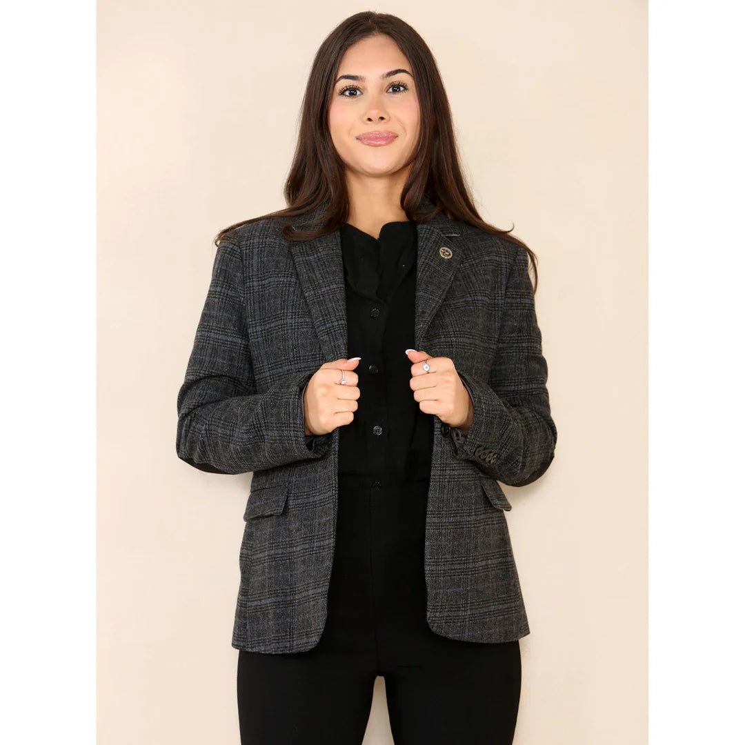 Traje gris de blazer a cuadros de tweed para mujer