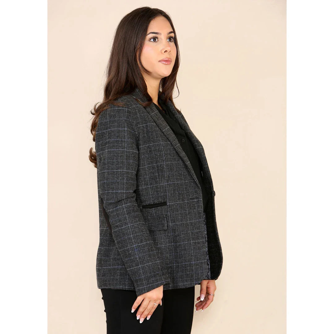 Traje gris de blazer a cuadros de tweed para mujer