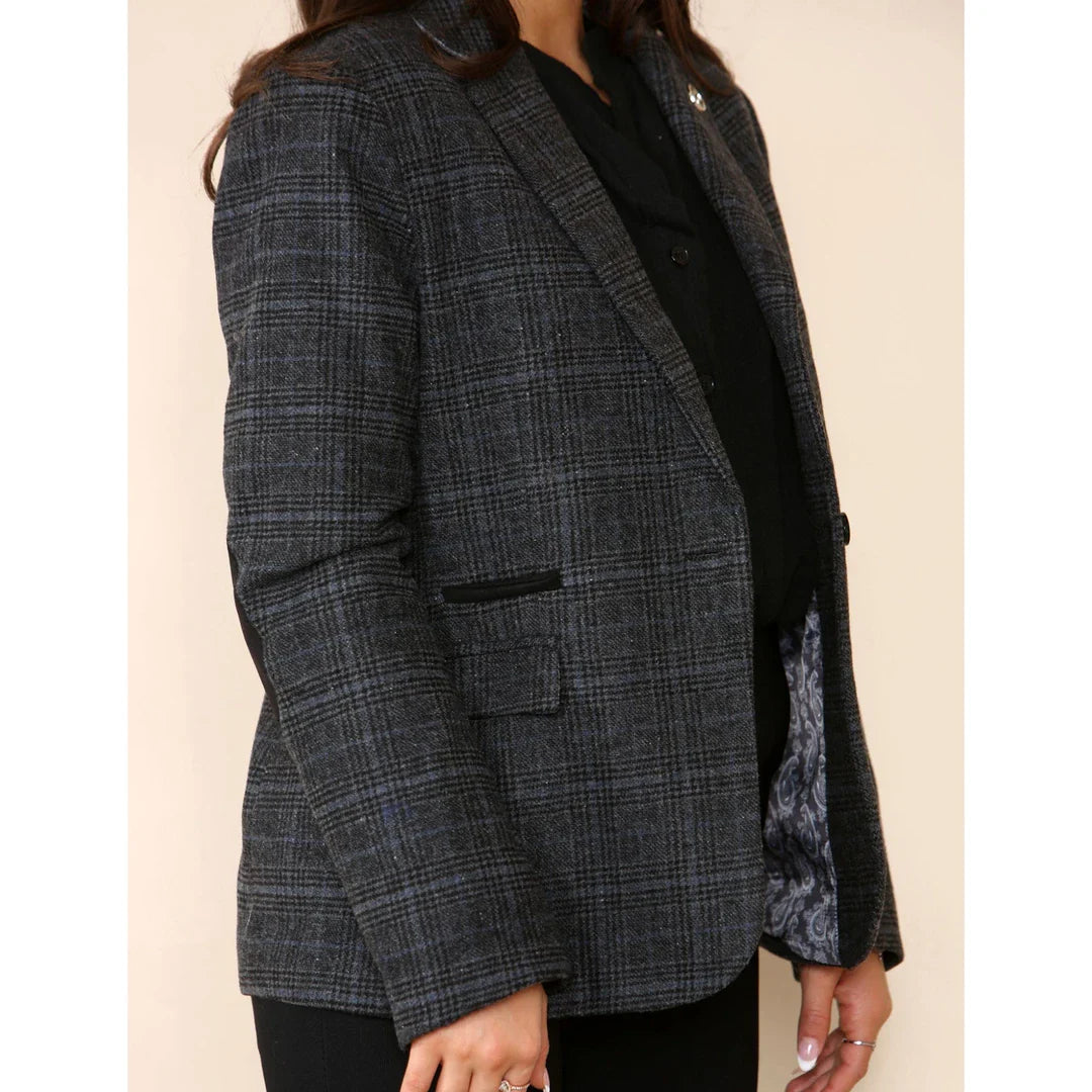 Traje gris de blazer a cuadros de tweed para mujer