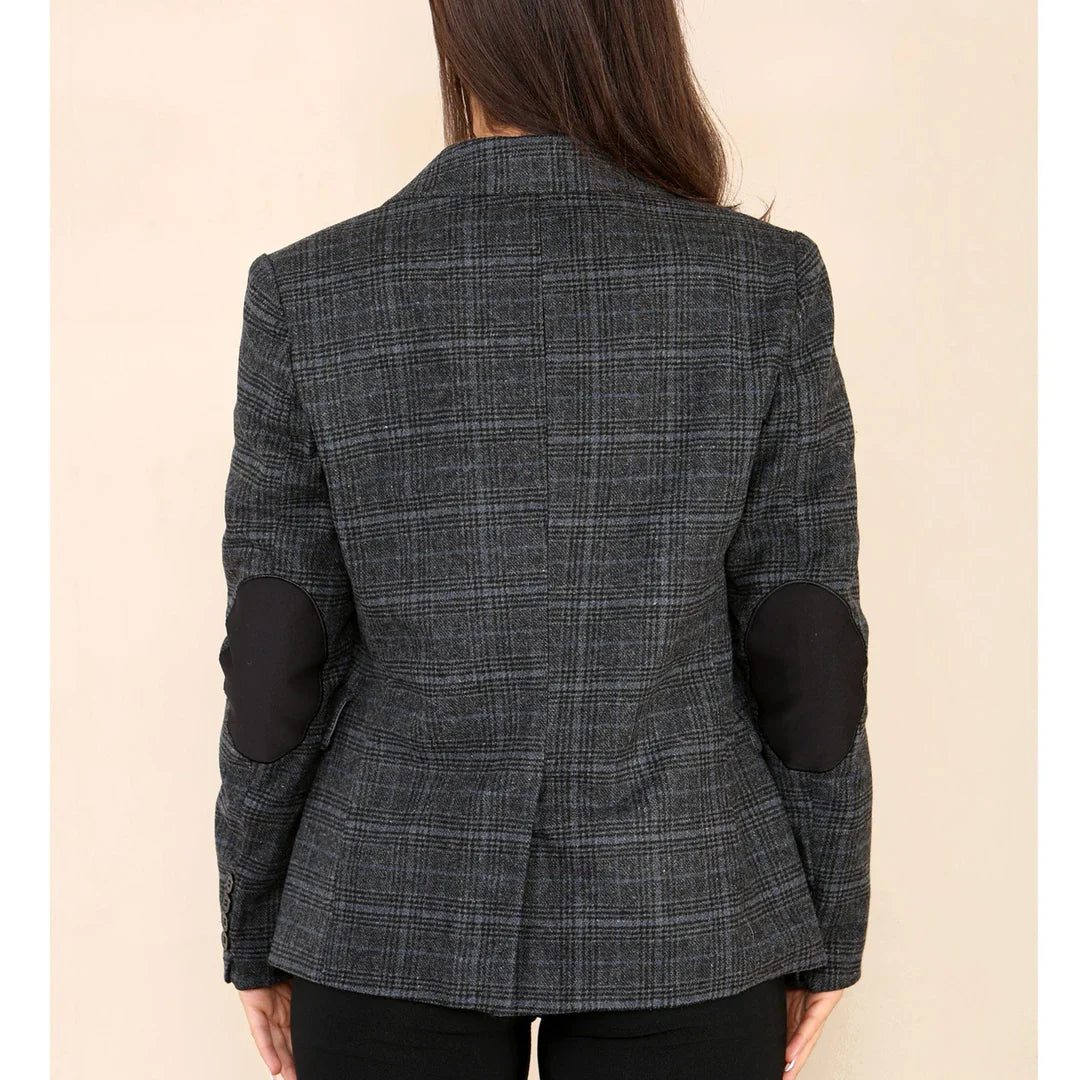 Traje gris de blazer a cuadros de tweed para mujer