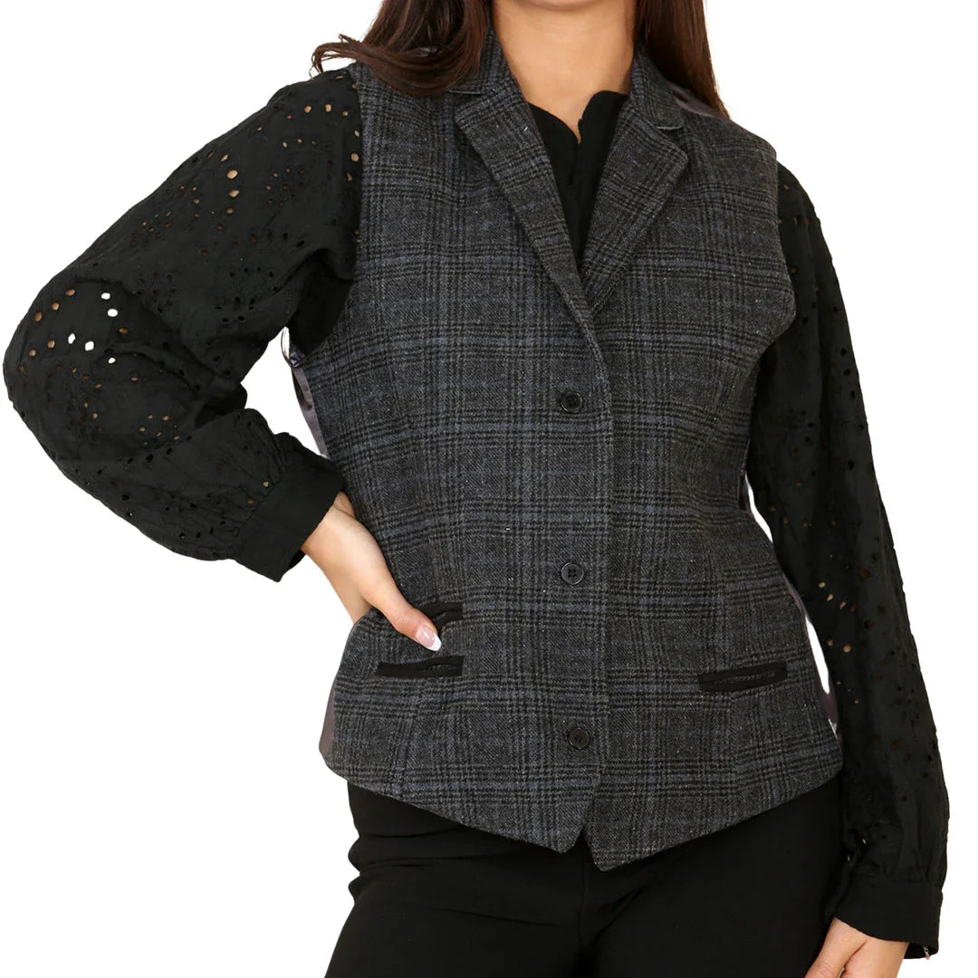 Chaleco de tweed a cuadros para mujer, color gris.