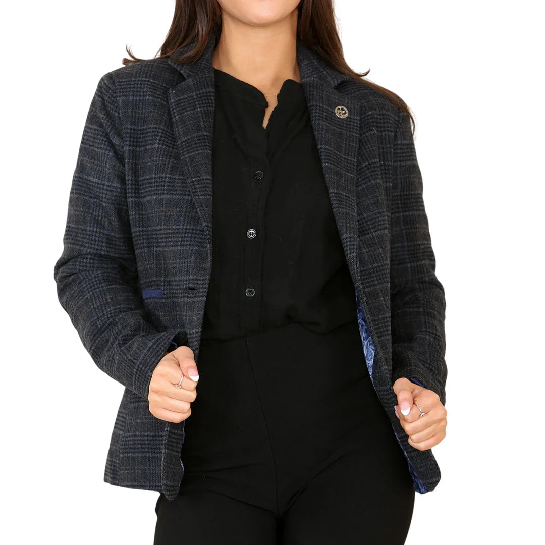 Traje azul de blazer a cuadros de tweed para mujer