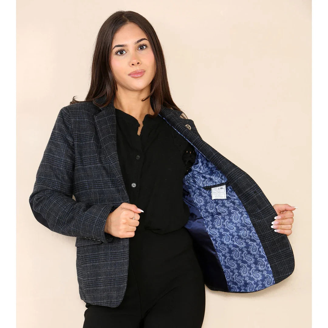 Traje azul de blazer a cuadros de tweed para mujer