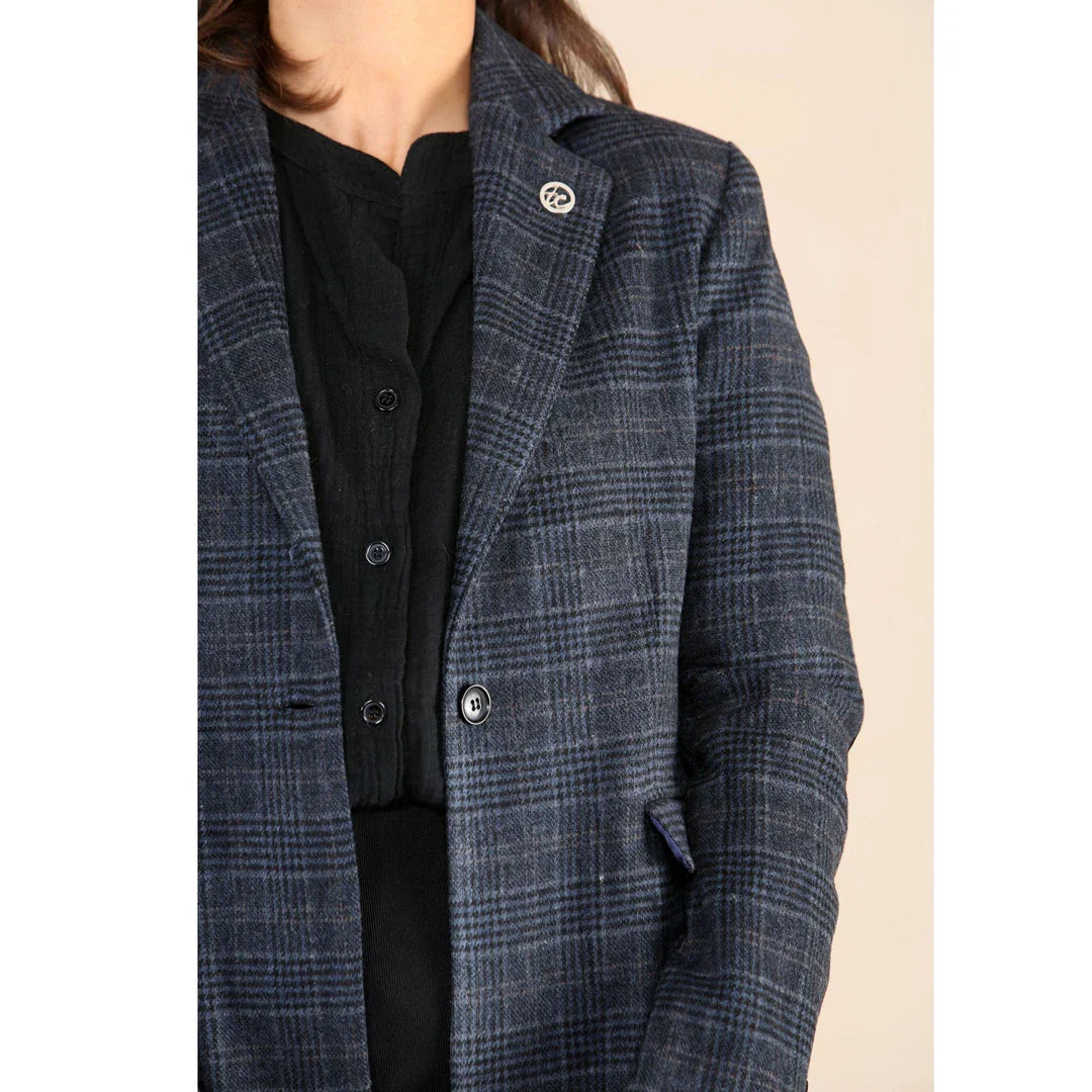 Traje azul de blazer a cuadros de tweed para mujer