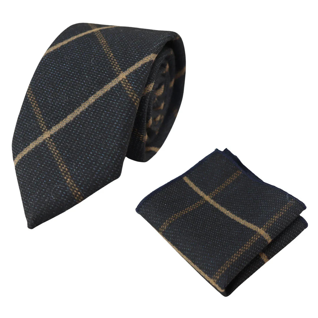 Conjunto de corbata y pañuelo de bolsillo de tweed azul marino con estampado de espiga para hombre