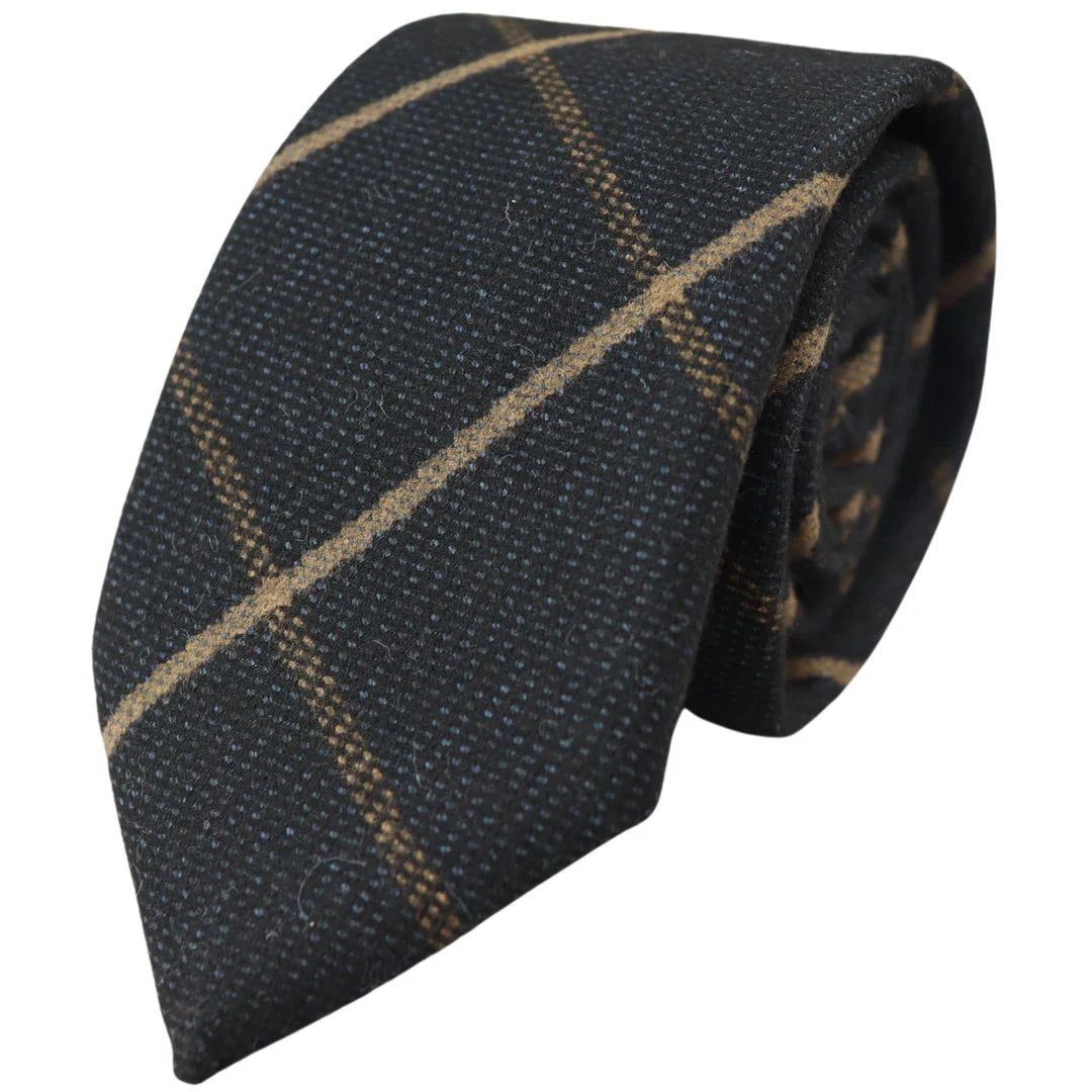 Conjunto de corbata y pañuelo de bolsillo de tweed azul marino con estampado de espiga para hombre