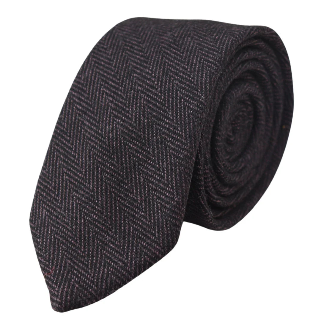 Conjunto de corbata y pañuelo de bolsillo de tweed color ciruela con estampado de espiga para hombre