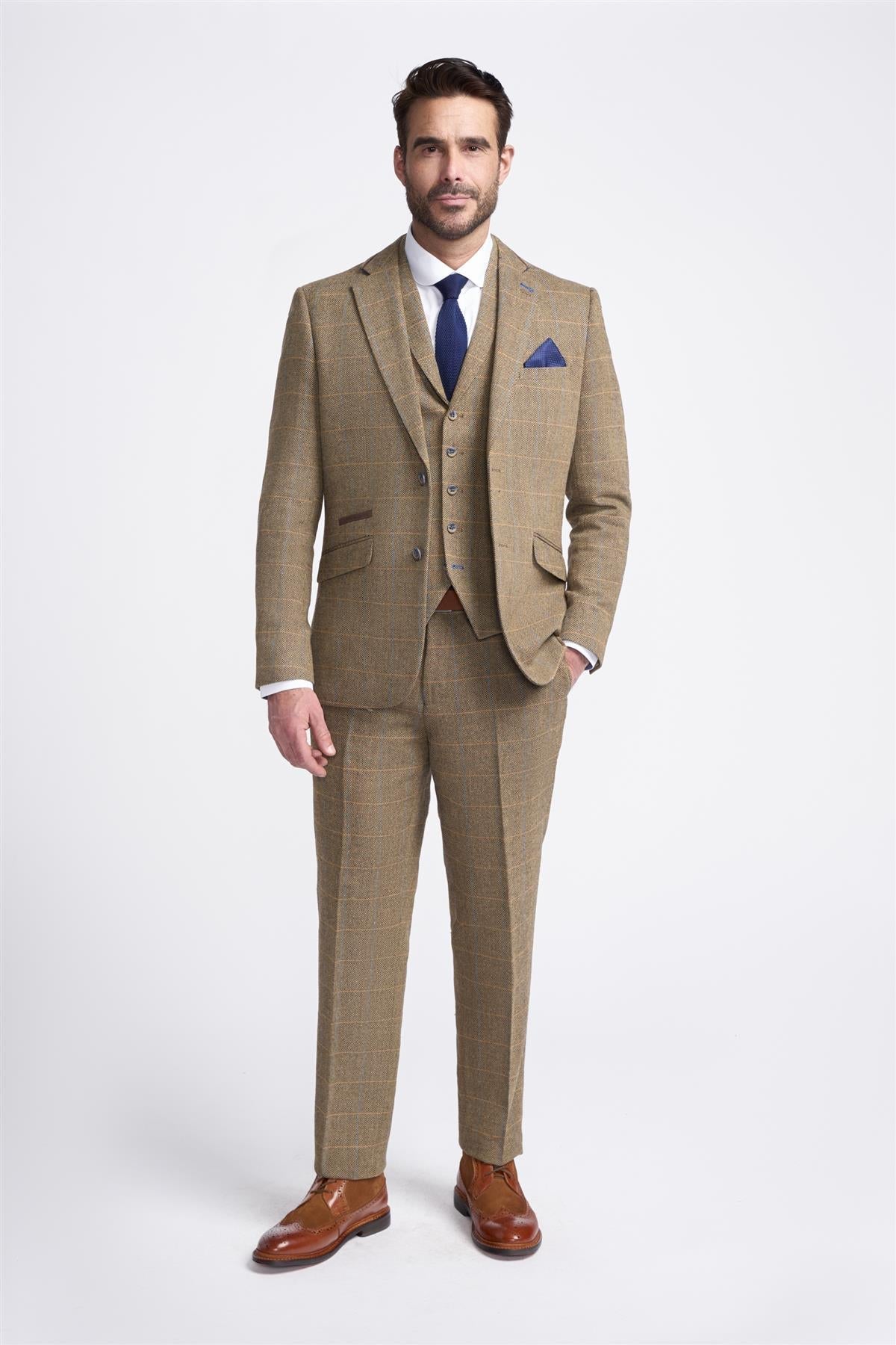 Cavani Albert - Traje de tres piezas para hombre de tweed con estampado de espiga - Marrón claro
