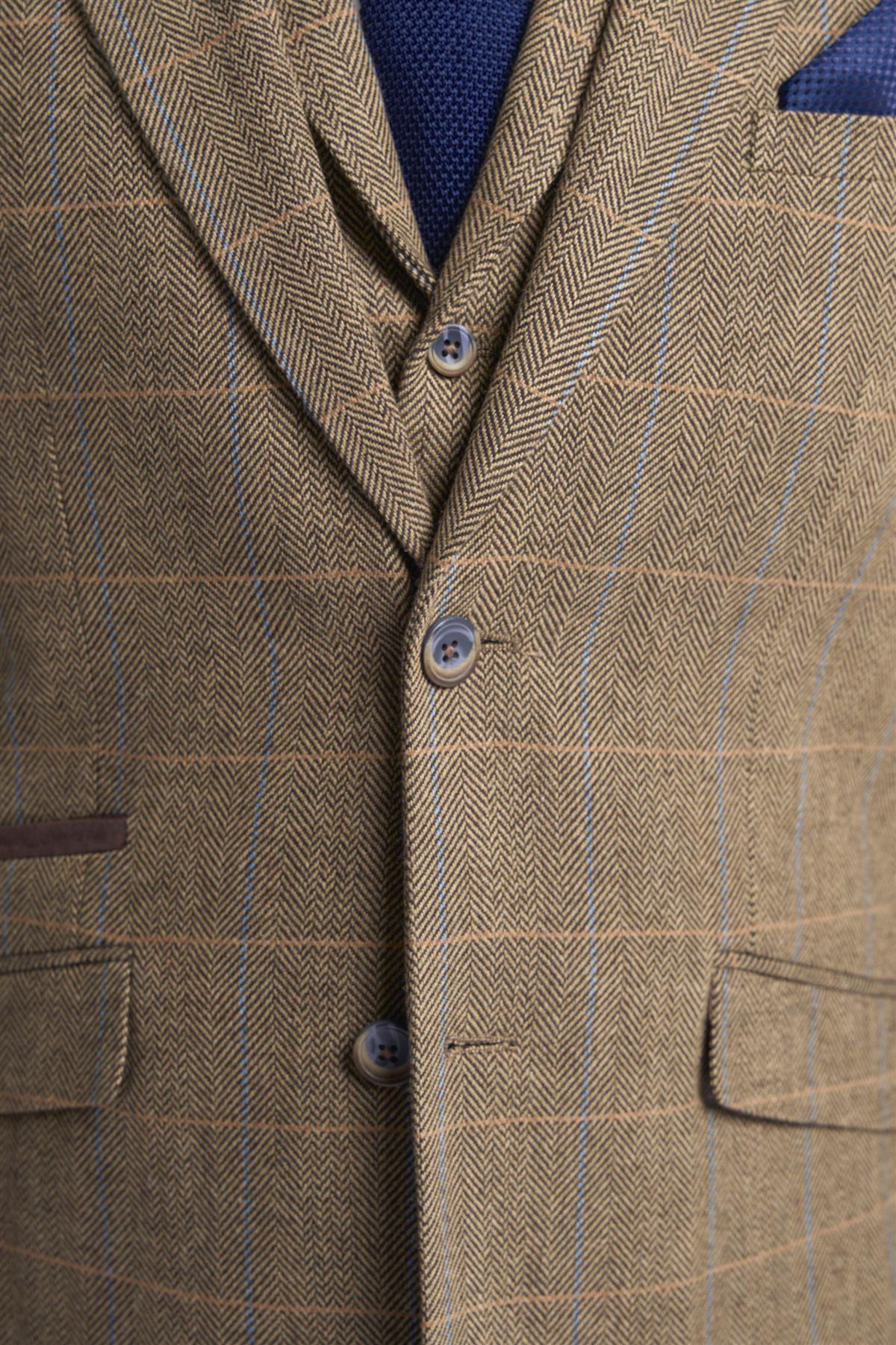Cavani Albert - Traje de tres piezas para hombre de tweed con estampado de espiga - Marrón claro