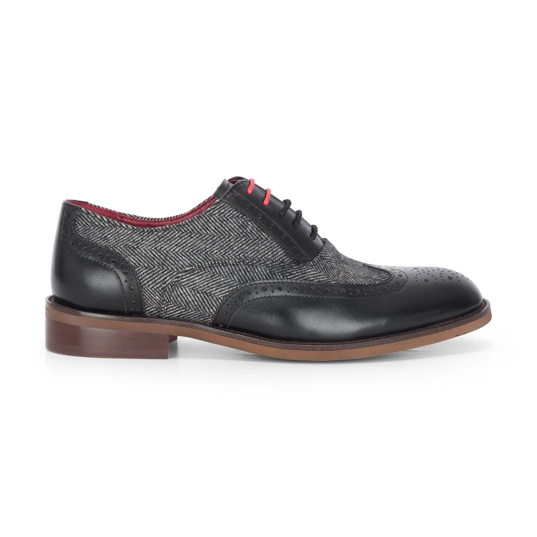 Albert - Zapatos brogue de hombre de piel negra con detalles de tweed