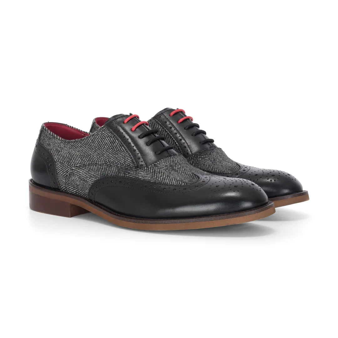 Albert - Zapatos brogue de hombre de piel negra con detalles de tweed