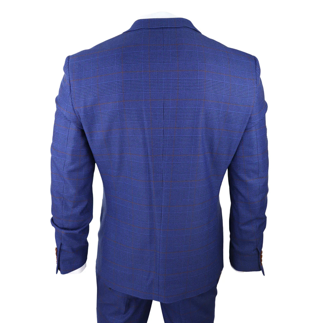 Traje de hombre de 3 piezas a cuadros azul y marrón, corte entallado, ideal para bodas, graduaciones, carreras de caballos o el Príncipe de Gales.