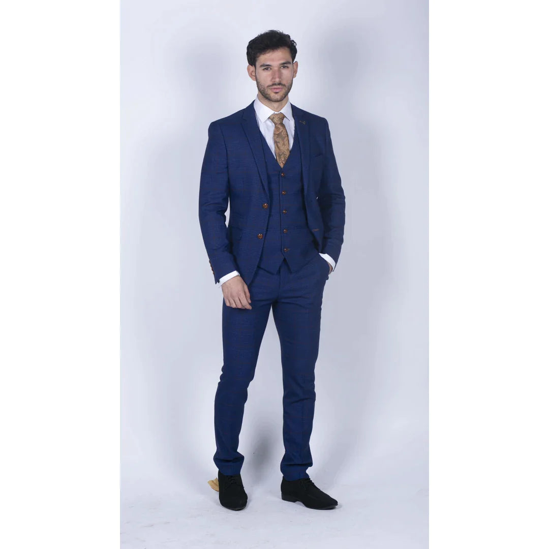 Traje de hombre de 3 piezas a cuadros azul y marrón, corte entallado, ideal para bodas, graduaciones, carreras de caballos o el Príncipe de Gales.