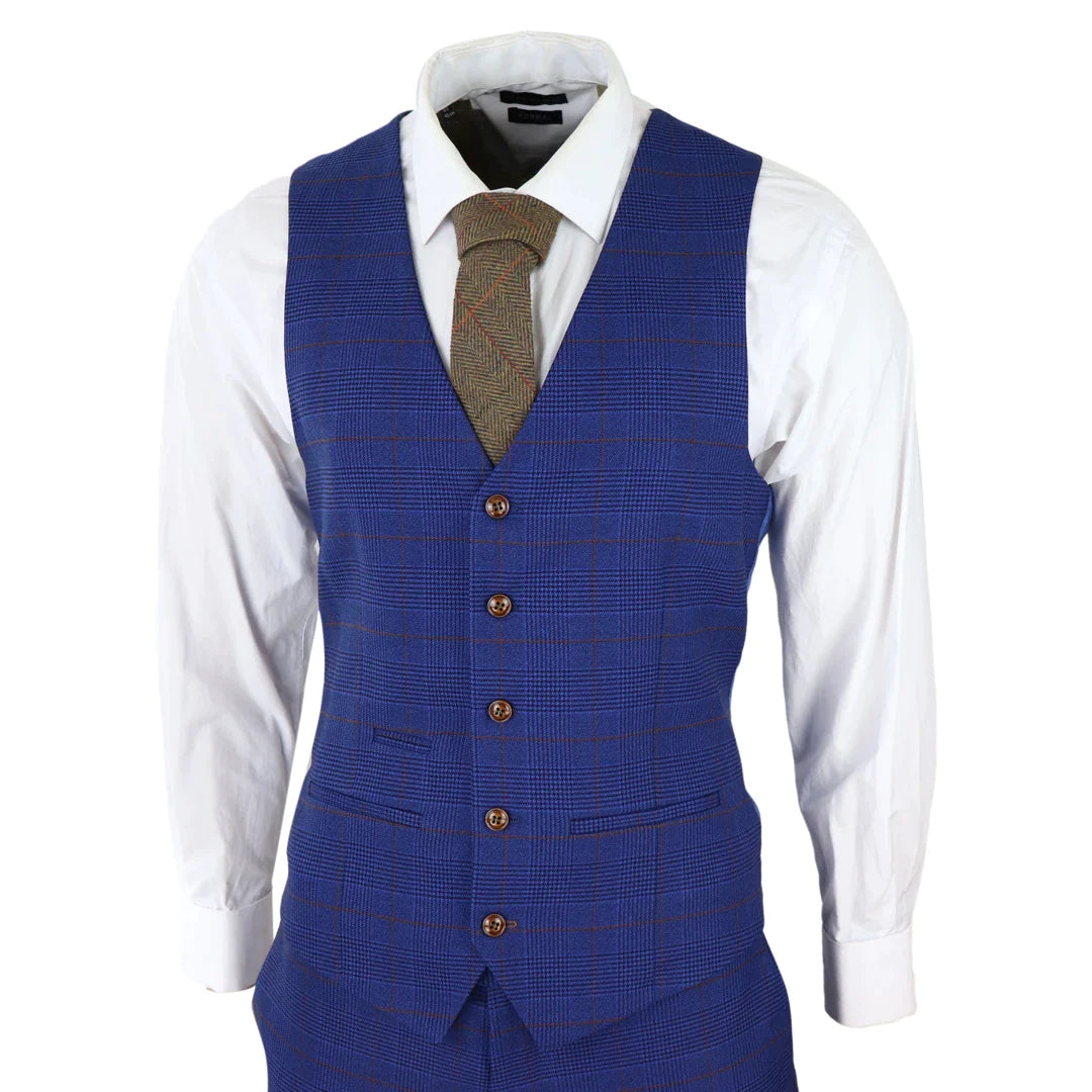 Traje de hombre de 3 piezas a cuadros azul y marrón, corte entallado, ideal para bodas, graduaciones, carreras de caballos o el Príncipe de Gales.