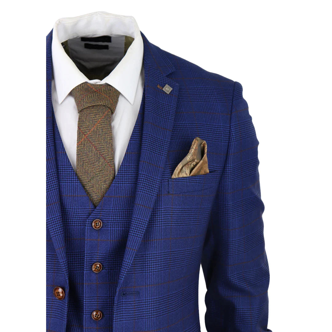 Traje de hombre de 3 piezas a cuadros azul y marrón, corte entallado, ideal para bodas, graduaciones, carreras de caballos o el Príncipe de Gales.
